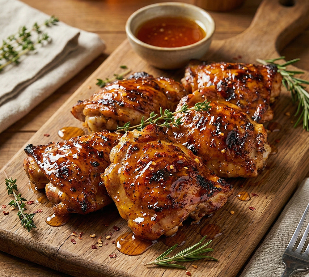 Saftiges Pollo Fino mit glänzendem Hot Honey Glaze auf einem weißen Teller, daneben die Gewürzmischungen Alleskönner Fleisch und Schriratscha.