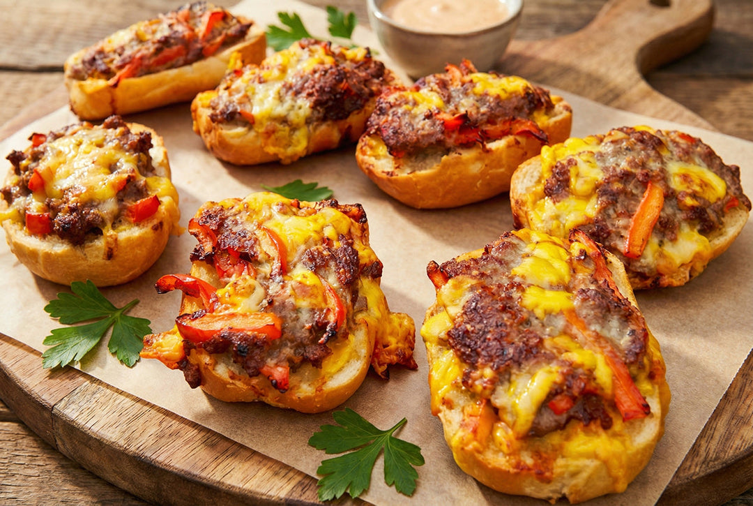 Überbackene Party-Brötchen mit Hackfleisch, Paprika und Cheddar-Käse, gewürzt mit Beef Rub.