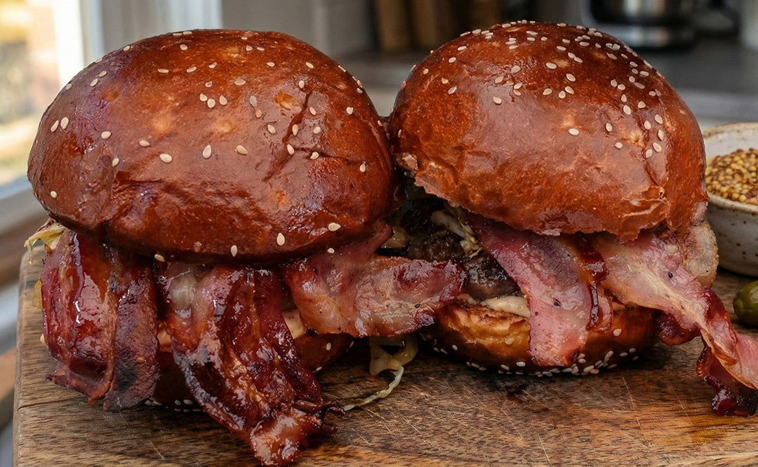 Saftiger Burger mit Beef Patty, Spitzkohl, Bacon und BBQ-Buddha-Mayo auf einem Pretzel Bun.