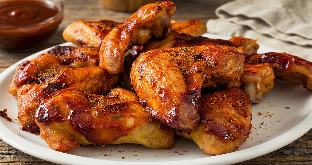 Saftige, glasierte Chicken Wings mit Kikeriki Gewürzmischung auf einem Teller