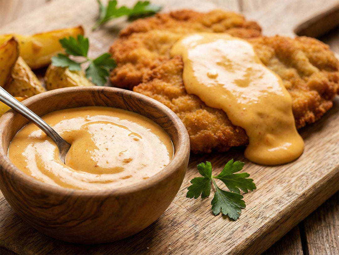 Goldbraun gebratenes Schnitzel auf einem Holzbrett, großzügig übergossen mit einer cremigen, rötlich-gefärbten Schriratscha-Hollandaise.