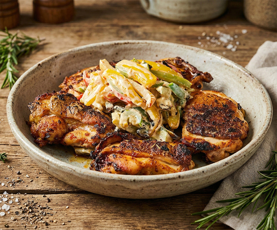 Knusprig gebratenes Hähnchenfleisch auf einem Bett aus buntem Paprikagemüse in cremiger Sauce, serviert auf einem dunklen Teller.