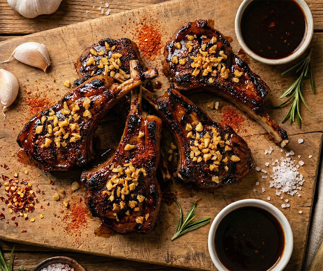 Saftig gebratene Lammkoteletts mit dunkler, glänzender Glasur und knusprigen Knoblauchchips auf einem Holzbrett.