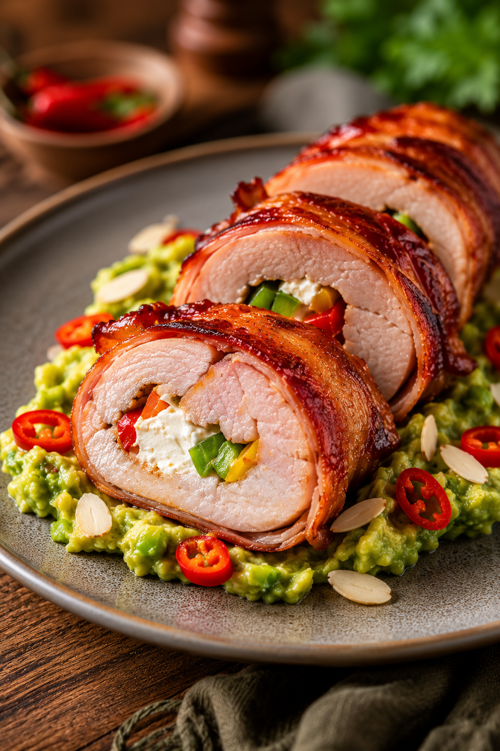 Gefülltes Schweinefilet im Baconmantel mit Avocado-Kräuter-Creme