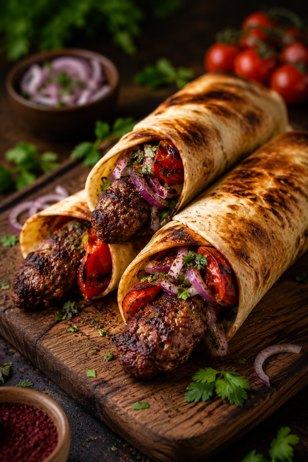 Zwei goldbraun gebackene Tortilla-Wraps, gefüllt mit saftig gegartem Adana-Hackfleisch, geschmacksintensiven Kirschtomaten und einer frischen, violetten Sumach-Zwiebel-Mischung mit Petersilie, kunstvoll auf einem rustikalen Holzschneidebrett angerichtet.