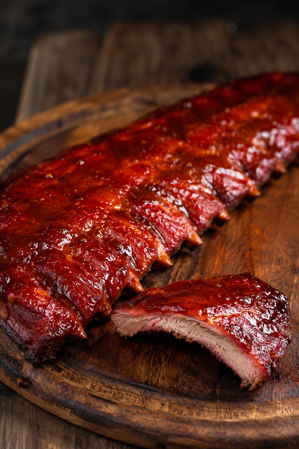 Saftige, perfekt glasierte Spareribs auf einem rustikalen Holzbrett. Die Ribs haben eine glänzende, tiefrote BBQ-Kruste und zartes, saftiges Fleisch im Anschnitt.
