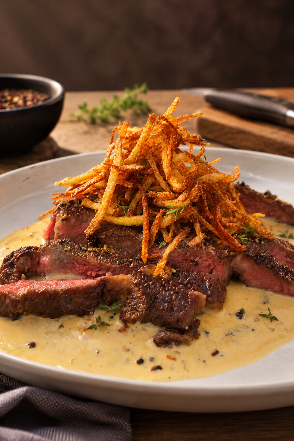 Zartes Steak in cremiger Pfeffer-Rahmsauce mit knusprigen Strohkartoffeln