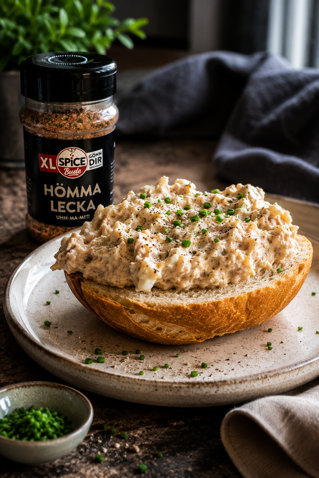 Ein knuspriges, aufgeschnittenes Brötchen, reichlich gefüllt mit einer cremig-stückigen Thunfisch-Eier-Creme, angerichtet auf einem rustikalen Holzschneidebrett.