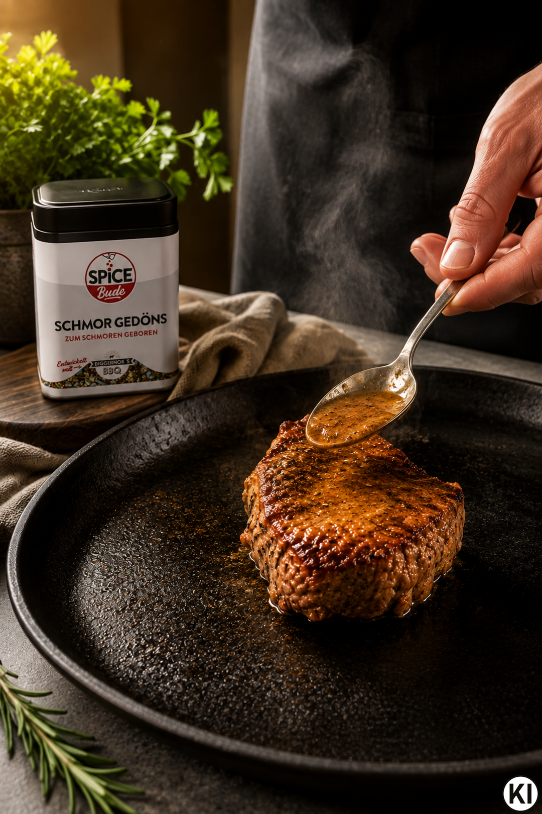Ein butterzartes, saftiges Stück geschmortes Wagyu-Rindfleisch auf einem dunklen Teller, großzügig mit einer glänzenden, dicken Dunkelrotweinsauce überzogen.