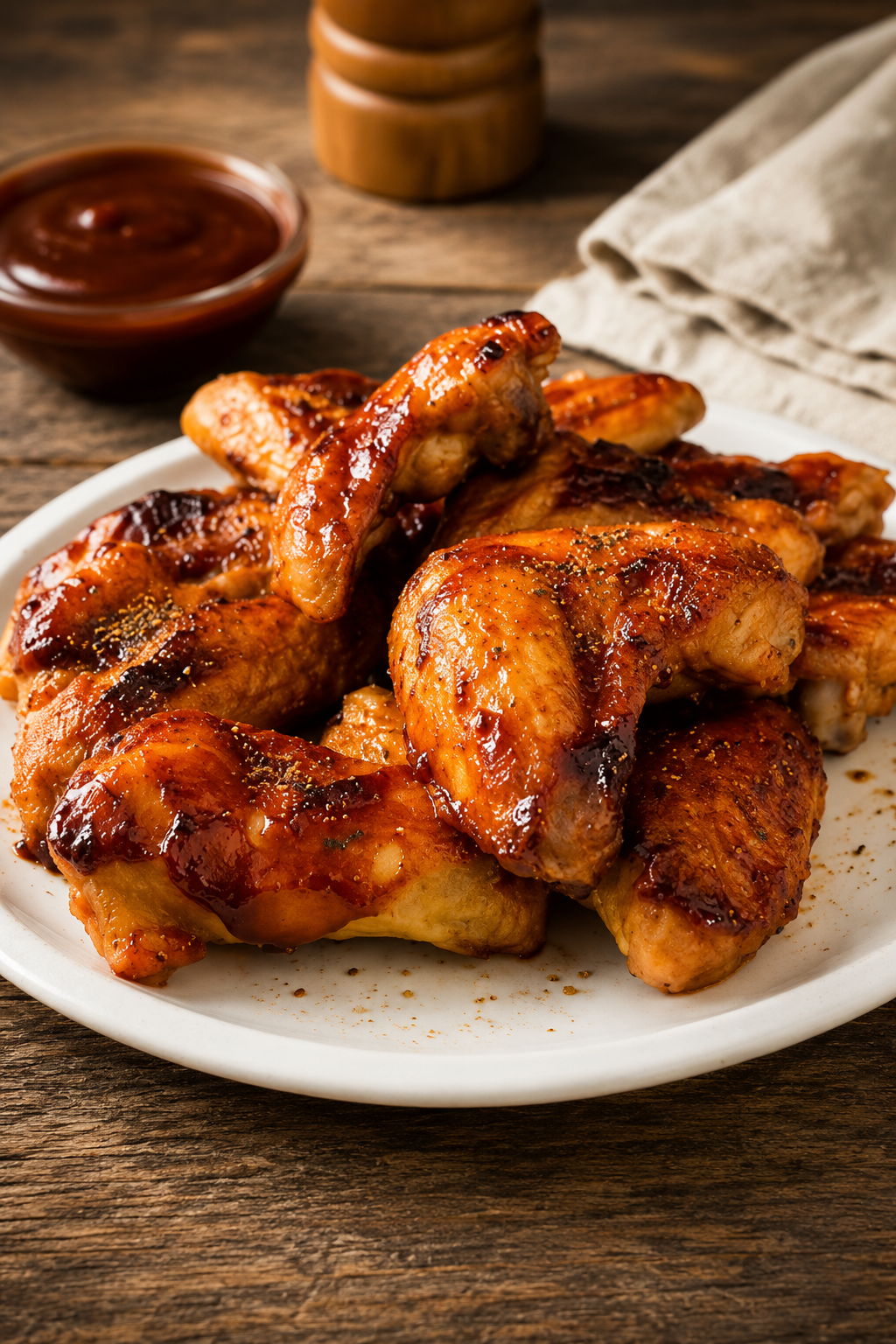 Saftige, glasierte Chicken Wings mit Kikeriki Gewürzmischung auf einem Teller