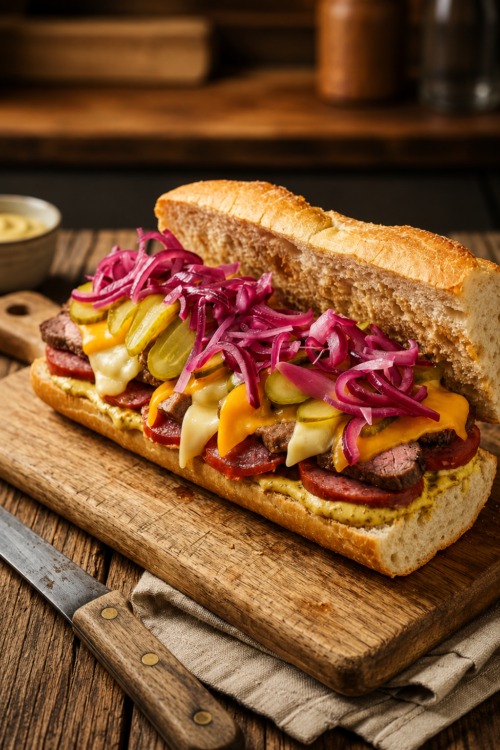 Üppig belegtes Baguette-Sandwich im Cuban Style mit gebratenem Fleisch, geschmolzenem Käse, Gewürzgurken und roten Zwiebeln auf einem Holzbrett.