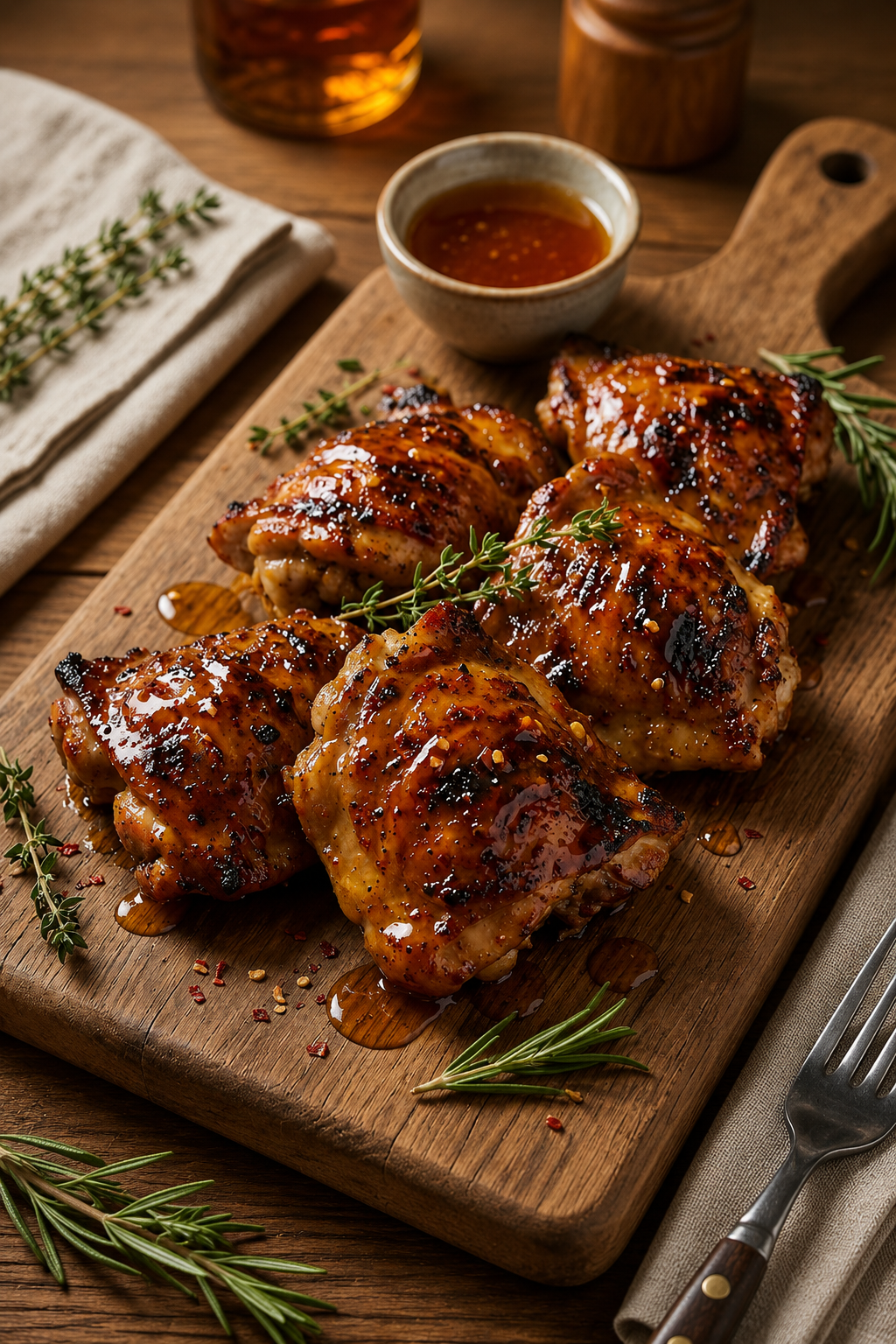 Saftiges Pollo Fino mit glänzendem Hot Honey Glaze auf einem weißen Teller, daneben die Gewürzmischungen Alleskönner Fleisch und Schriratscha.