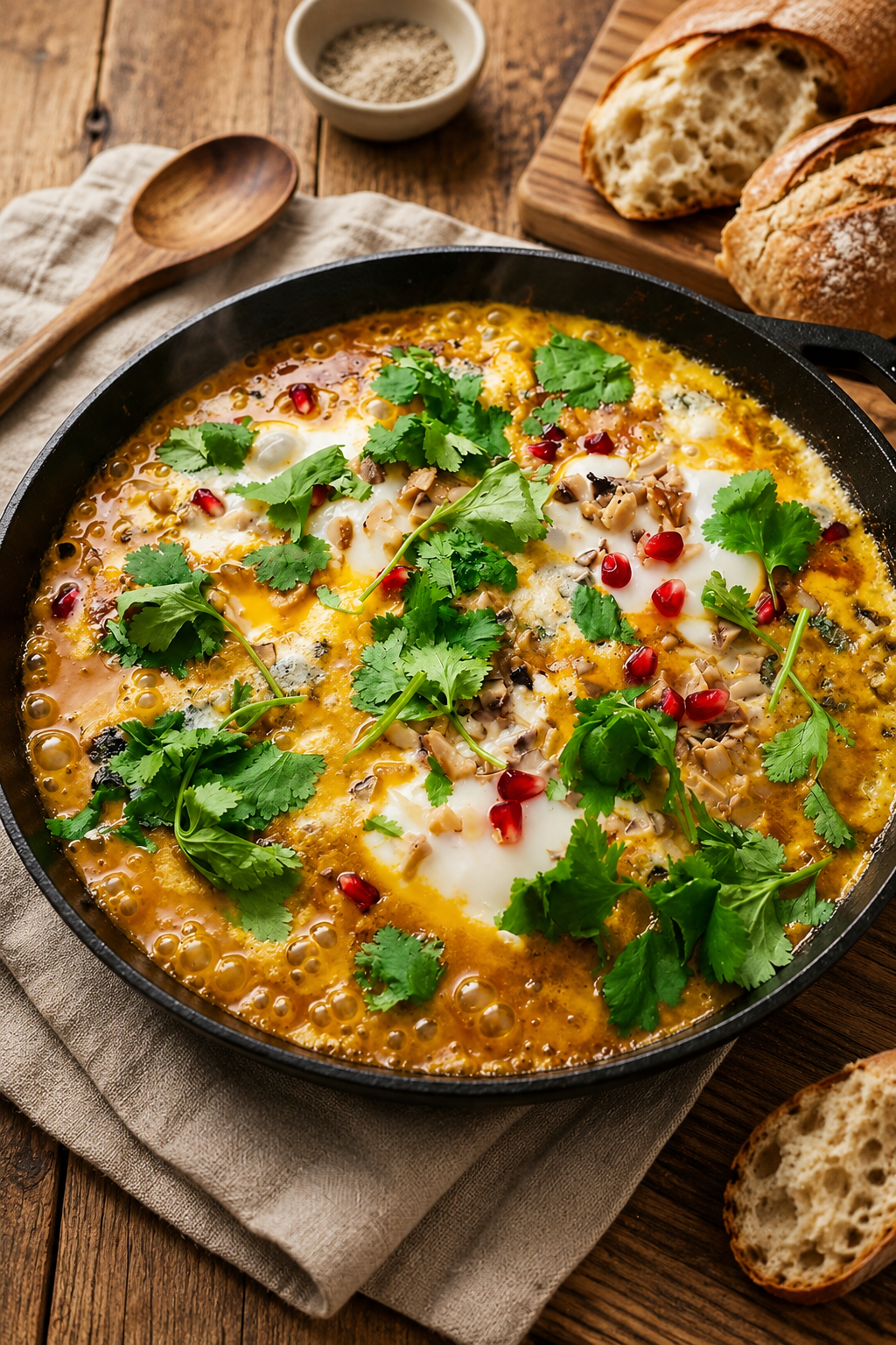 Herzhaftes Kürbis-Shakshuka in einer schwarzen Pfanne, garniert mit Eiern, Maronen, Roquefort, Granatapfelkernen und Koriander.