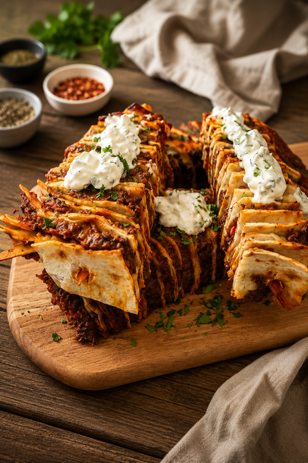 Herzhafte Lahmacun Spieße mit gewürztem Hackfleisch, belegt mit Sour Cream und frischer Petersilie.