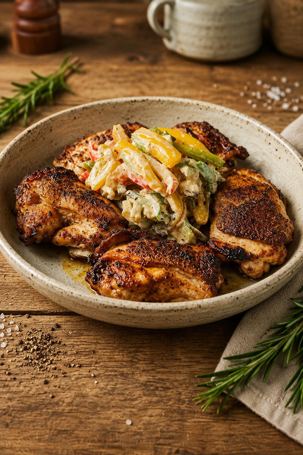 Knusprig gebratenes Hähnchenfleisch auf einem Bett aus buntem Paprikagemüse in cremiger Sauce, serviert auf einem dunklen Teller.