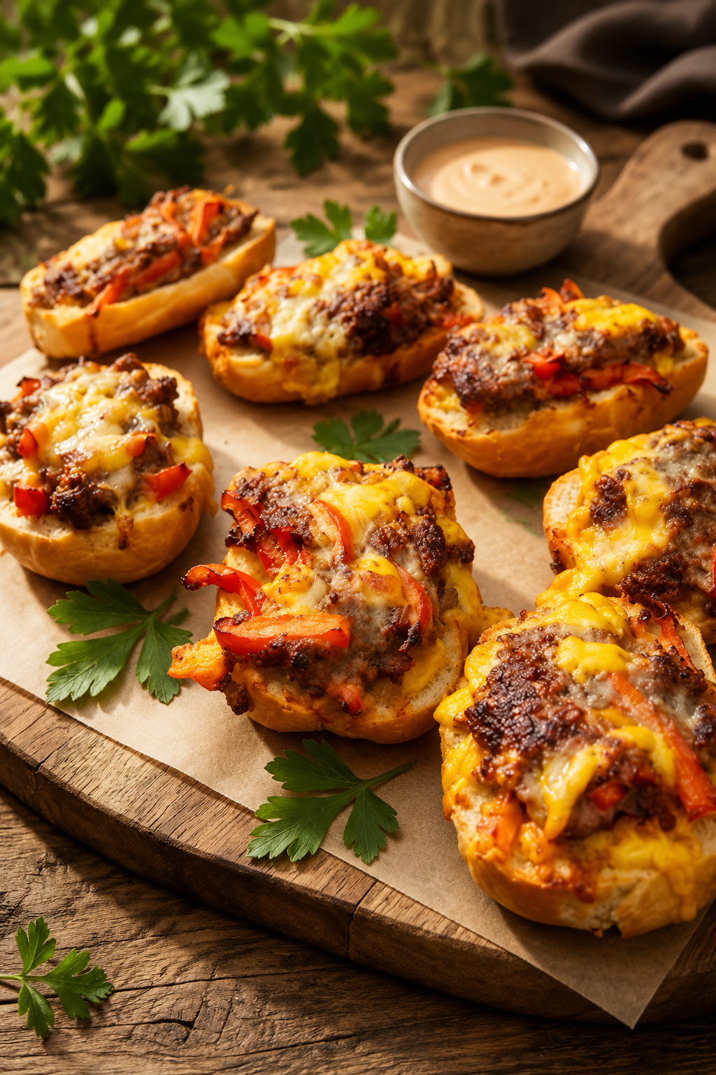 Überbackene Party-Brötchen mit Hackfleisch, Paprika und Cheddar-Käse, gewürzt mit Beef Rub.