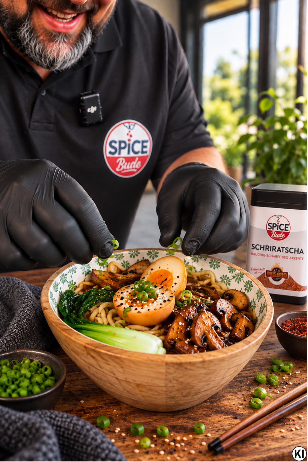 Zwei perfekt marinierte, halbierte Ramen-Eier mit wachsweichem, glänzendem Eigelb, angerichtet in einer Dampfenden Ramen-Schüssel mit Nudeln, Pak Choi und Pilzen.