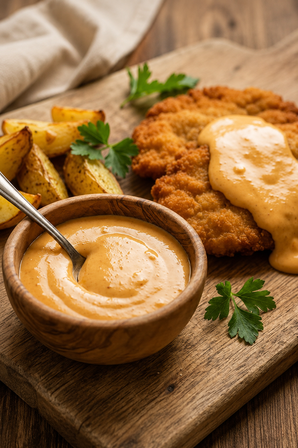 Goldbraun gebratenes Schnitzel auf einem Holzbrett, großzügig übergossen mit einer cremigen, rötlich-gefärbten Schriratscha-Hollandaise.