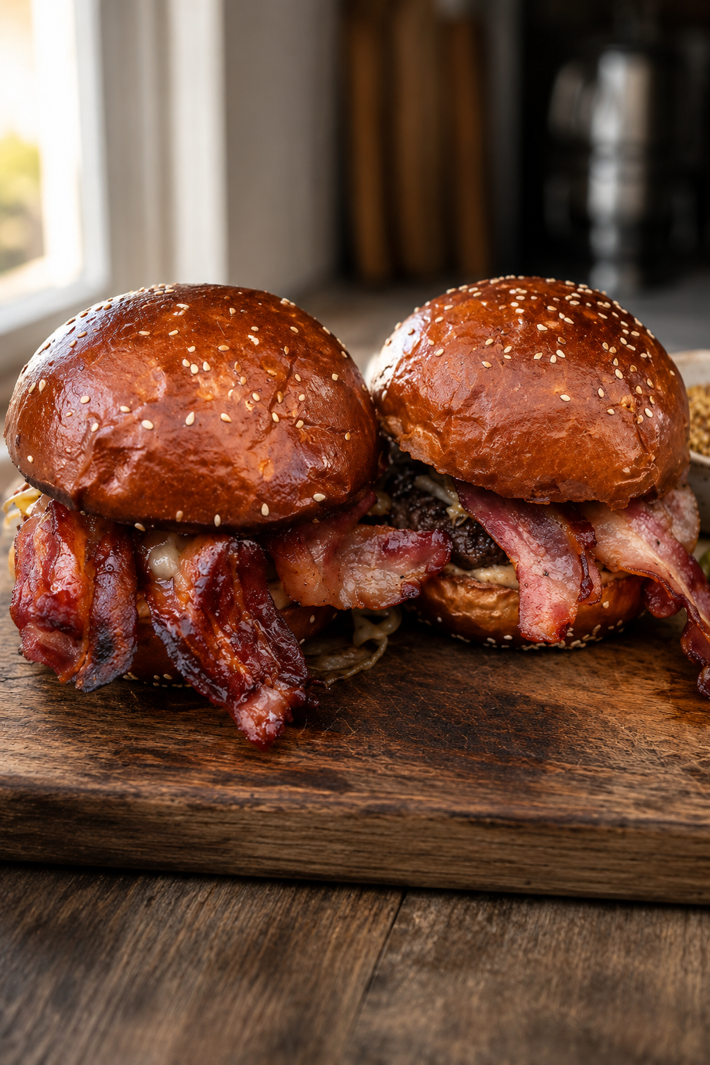 Saftiger Burger mit Beef Patty, Spitzkohl, Bacon und BBQ-Buddha-Mayo auf einem Pretzel Bun.