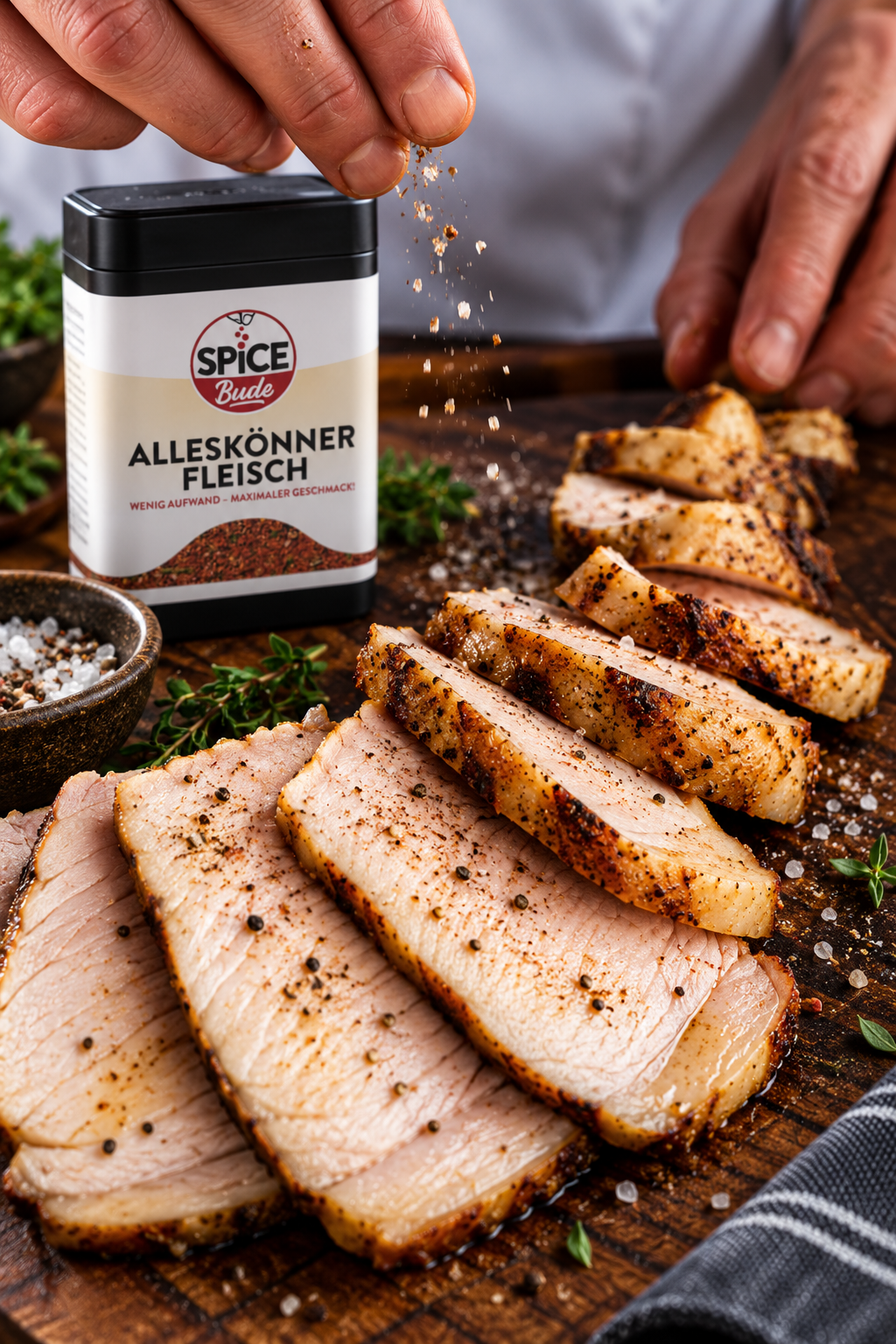 Perfekt gegrilltes Berkshire Schweine-Tomahawk-Steak, angeschnitten in saftige Tranchen mit goldbrauner Kruste, auf einem rustikalen Holzbrett angerichtet.