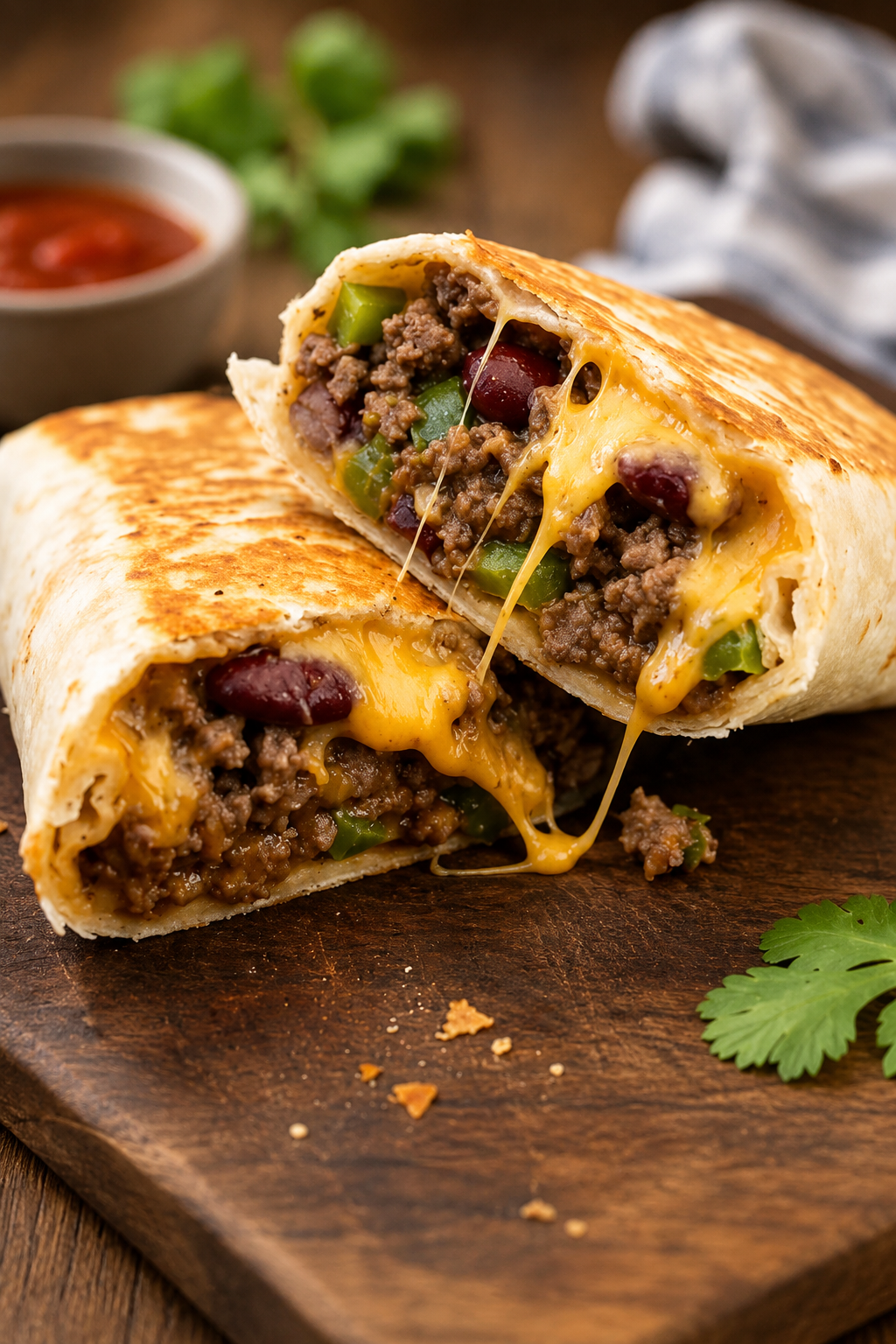 Ein goldbraun angebratener Burrito, halbiert, um die saftige Füllung aus Rinderhackfleisch, Kidneybohnen, grünen Paprikawürfeln und geschmolzenem, fädenziehendem Cheddar-Käse zu zeigen.