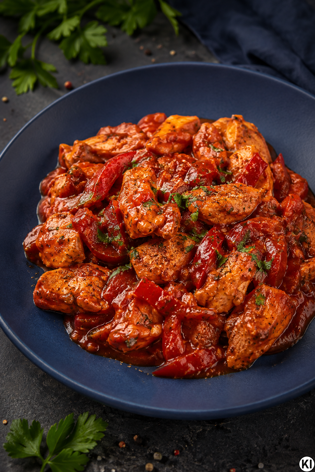 Eine deftige Schaschlik-Pfanne serviert auf einem dunklen Teller mit saftigen Hähnchenstreifen, roten Paprikastreifen und Zwiebeln in einer tiefroten, sämigen Tomatensauce.