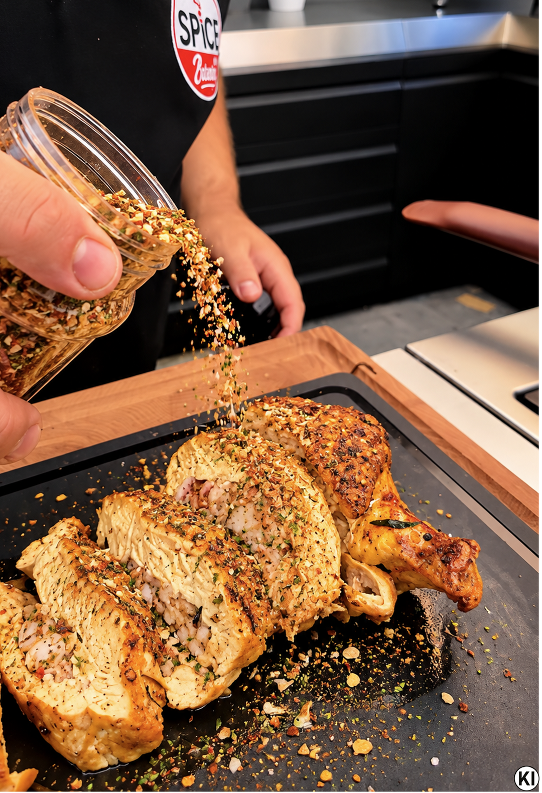 Golden gebratene, in Scheiben geschnittene Maishähnchenbrust, gefüllt mit würziger Garnelen-Farce, auf einem dunklen Schneidebrett serviert und mit frischen Gewürzen garnished.