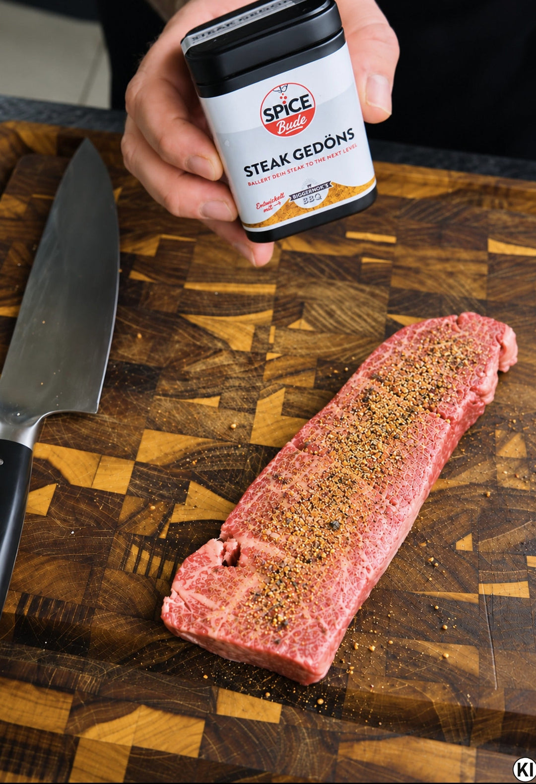 Ein saftiges, rosa gebratenes Wagyu Denver Cut Steak, in feine Streifen geschnitten, mit einer krossen Gewürzkruste serviert auf einem dunklen Holz-Schneidebrett.