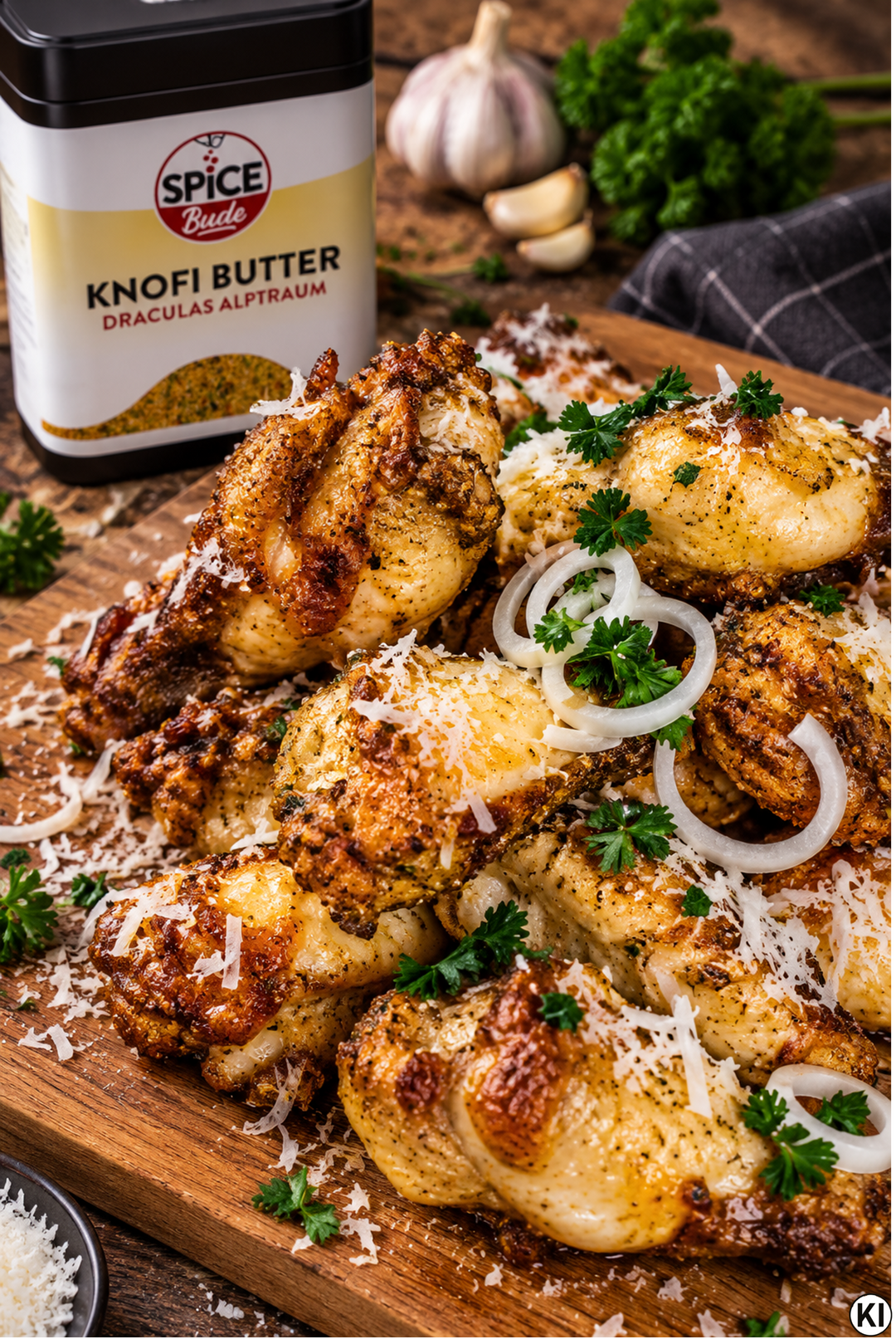 Goldbraun gebratene, extrem knusprige Chicken Wings im Airfryer zubereitet, umhüllt von geschmolzener Butter, frischem Parmesan und Spicebude Knofi Gewürz.