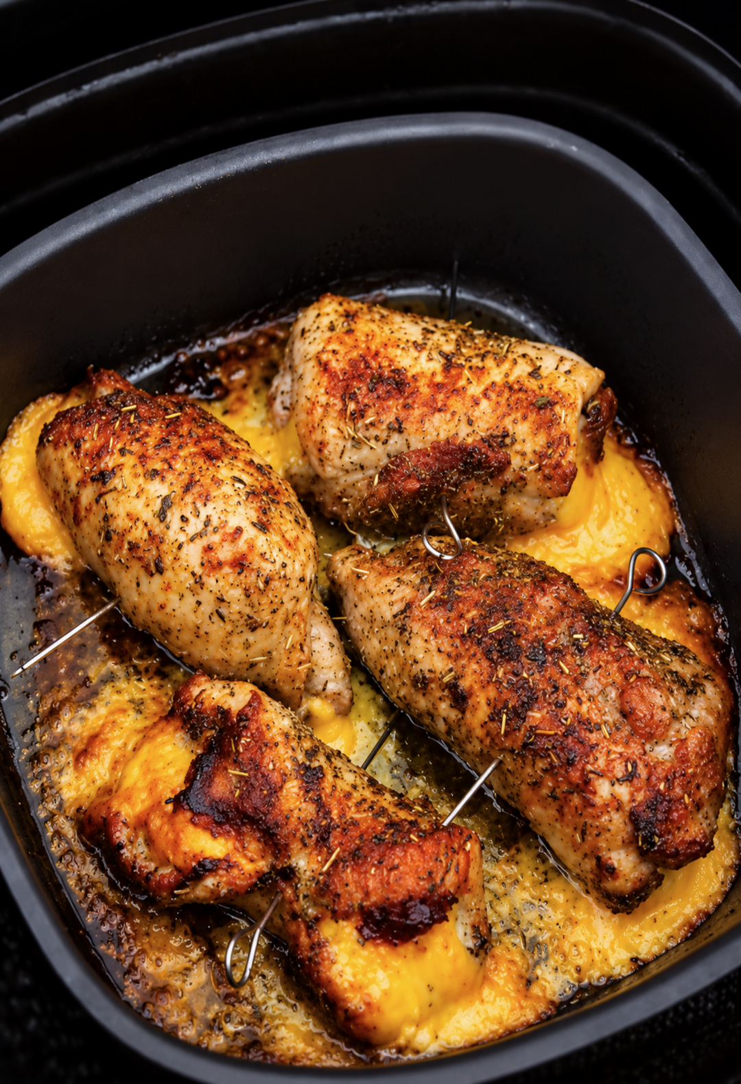 Saftige, goldbraun gegrillte Schweinelachs-Röllchen gefüllt mit Kochschinken und geschmolzenem Cheddar, gewürzt mit würziger Gyros-Gewürzmischung, angeschnitten auf einem Holzbrett serviert.