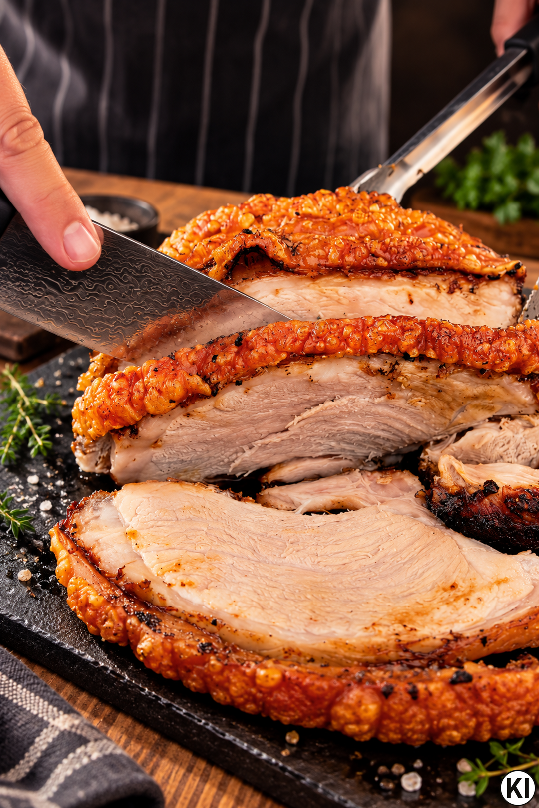 Ein perfekt gebratener Schweinekrustenbraten mit goldbraun gepuffter, knuspriger Schwarte, aufgeschnitten auf einem dunklen Holzbrett mit pikanter Bratensauce.