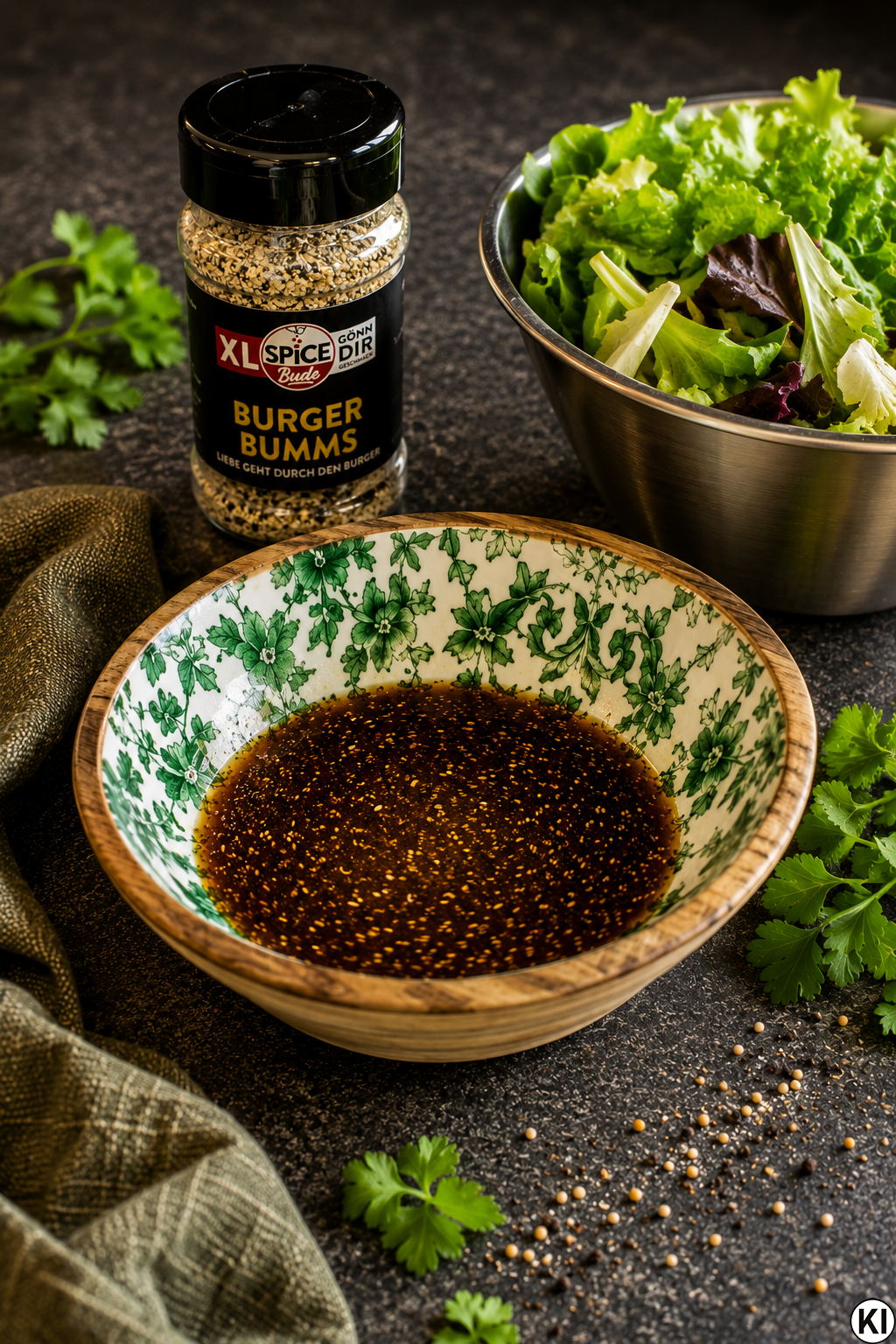 Eine grün-weiß gemusterte Keramikschale mit einem dunklen, cremigen Balsamico-Ahornsirup-Salatdressing, verfeinert mit der Burger Bumms Gewürzmischung, serviert neben einer Schüssel mit frischem blättrigen Salat.