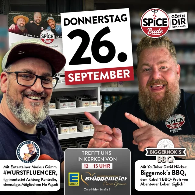 Donnerstag wird es würzig und lecker in Kerken. Wir stellen euch Leckereien mit unseren Gewürzmischungen aus der Spicebude bei Edeka Brüggemeier in Kerken vor. Die gibt es nämlich jetzt im Handel. Kommt rum! Mit im Schlepptau haben wir @markusgrimm und @biggernok #spicebude #gewürze #neu #lecker #neuimhandel