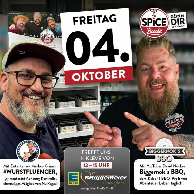 Am Freitag sind wir für euch bei @edeka_brueggemeier  in Kleve. Hier könnt ihr zusammen mit @markusgrimm und @biggernok einige unserer Gewürzmischungen mit Leckereien aus dem Markt verkosten. Wir freuen uns auf euch!