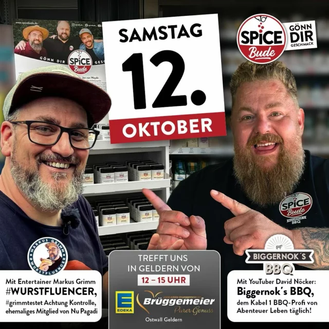 Am Samstag könnt ihr uns bei @edeka_brueggemeier  in Geldern treffen (Ostwall). Wir bereiten euch wieder ein paar Probier-Portionen vom Grill zu und zeigen euch, wie unsere Gewürzmschungen in Dips funktionieren. Wir sind von 12-15 Uhr vor Ort und freuen uns auf Euch!