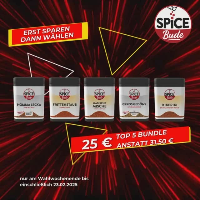 🔥 5 Bestseller – 1 Bundle – Mega Deal! 🔥
Unsere Top 5 Gewürzmischungen jetzt für nur 25 € statt 31,50 €! 😍
Aber nur bis 23.02.25, 24 Uhr – also schnell zuschlagen! ⏳